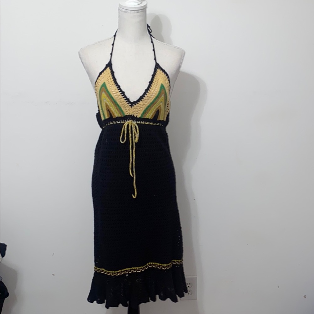 Free People Yellow and Cream Ruffled Tie Front Sundress